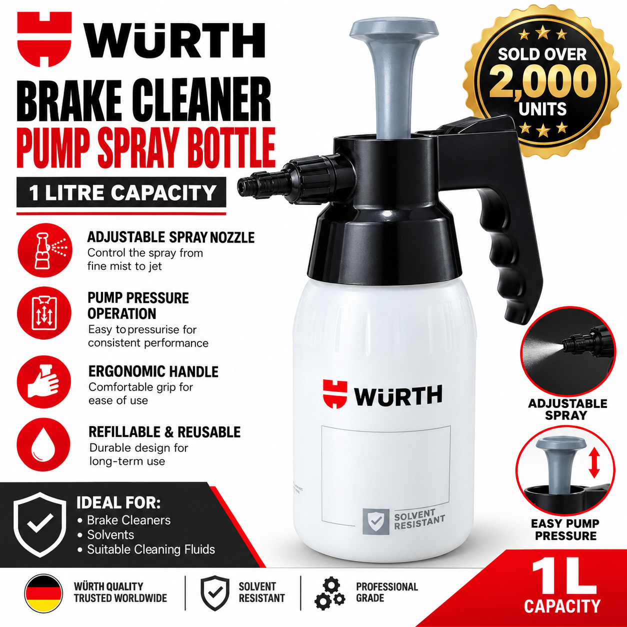 Wurth 1Ltr Pump Spray Bottle / Pump Dispenser 1 Ltr Hand Pump - Simply the best.
