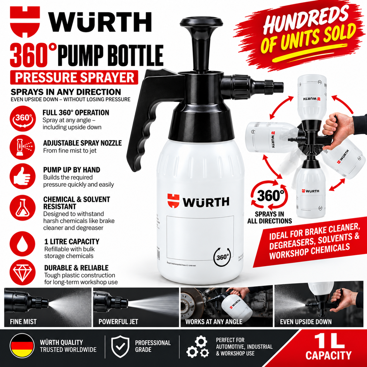 Wurth Pump Spray Bottle 1L 360 Degree for Brake Cleaner Degreaser Tyre Shine