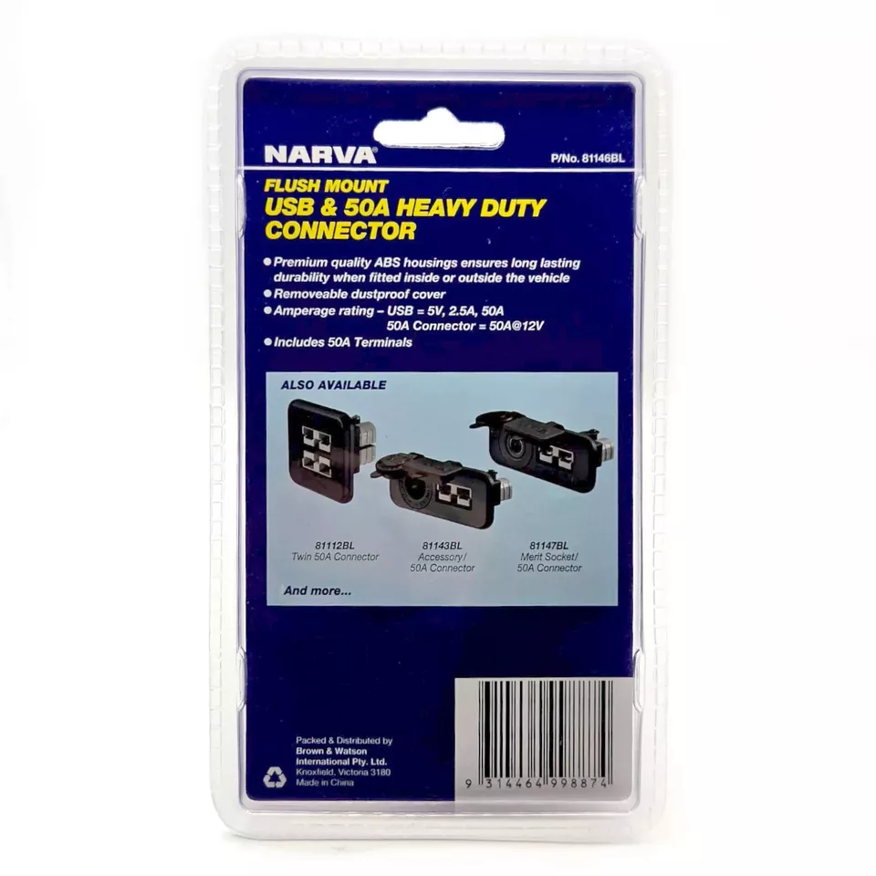 Narva Anderson Plug 50Amp & Twin USB Socket with Covers Flush Mount USB - Image 3