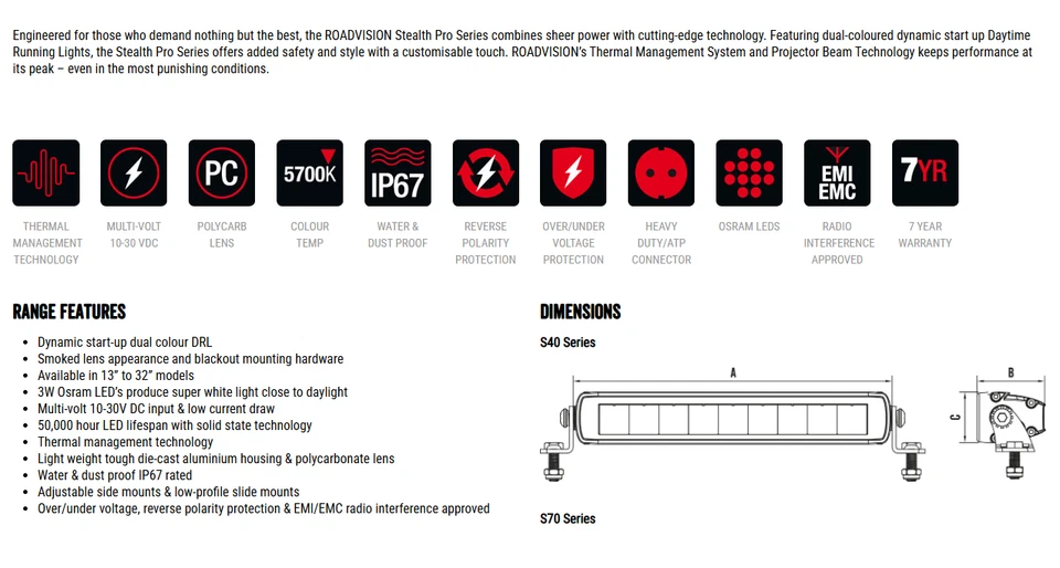 RoadVision 13" LED Light Bar Stealth SP40 10-30V 49W 3218lm Combo Beam inc DRL - Image 4
