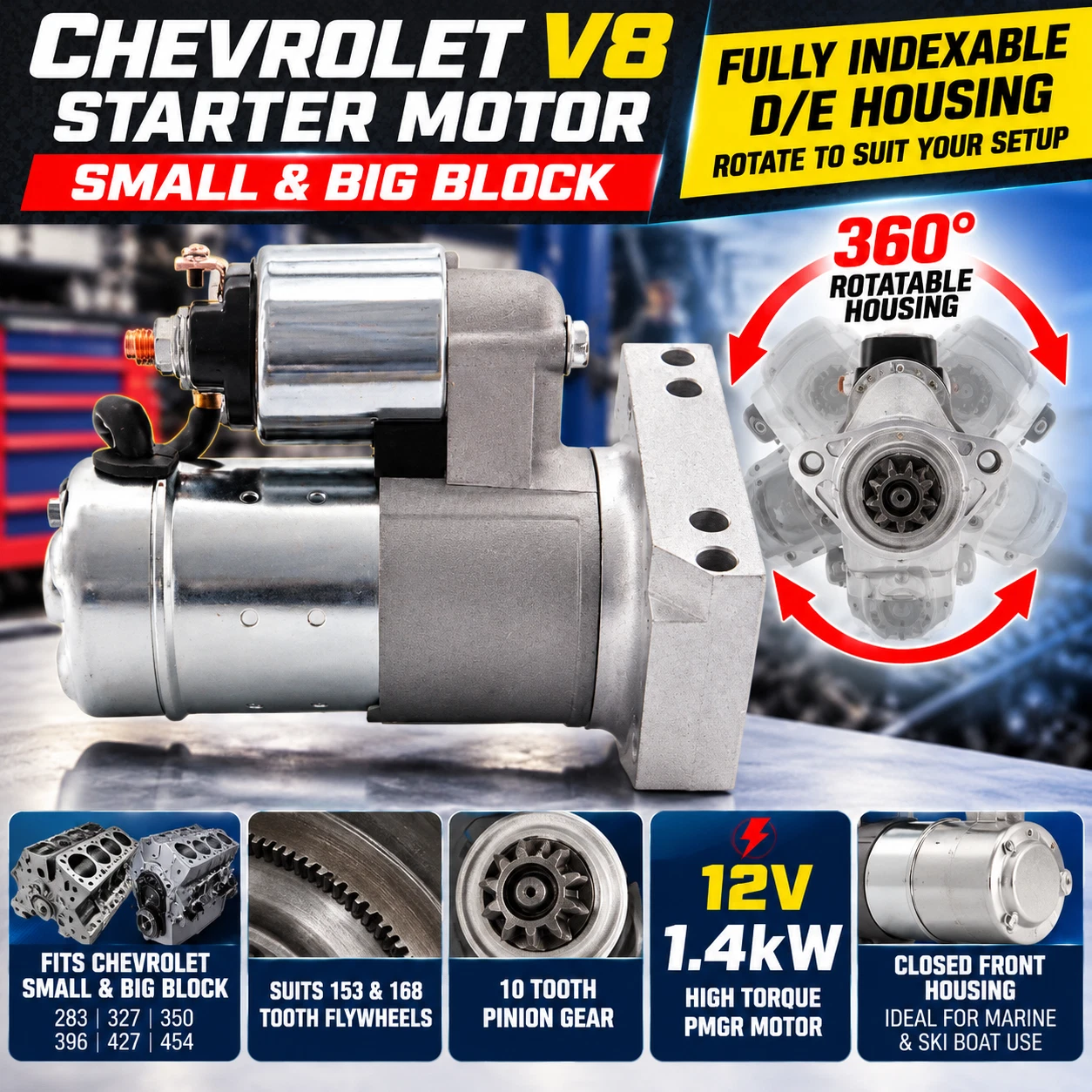 Starter Motor suits Chevrolet V8 Small Big Block 360° Adjustable High Torque